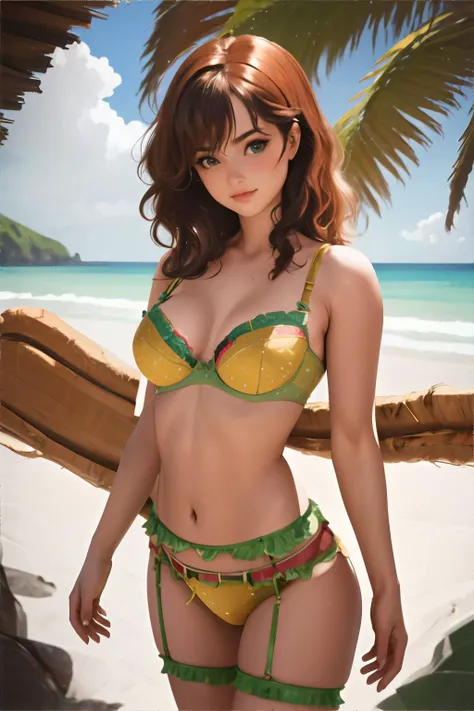 portrait. pillow. Short, Red hair, green eyes, gold jewelry, Emerald jewelry, bikini, skin shiny with moisture, large breast size , smile, girl 15 yeaegance. photorealism. unreal engine. 3D model. Ultra high quality textures. high detail. permission 8k))