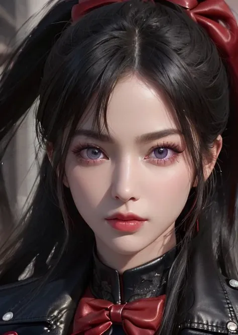 visual impact, Ultra-realistic 8k CG, masterpiece, ((ultra-detailed background, delicate pattern, intricate details)), best quality, very detailed face, extremely detailed eyes and face, extremely detailed eyes,1girl,long black hair, ponytail, red bow in hair, bright violet eyes, red leather biker jacket, <lora:smarteprueba1:1>