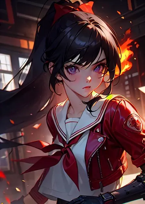 visual impact, Ultra-realistic 8k CG, masterpiece, ((ultra-detailed background, delicate pattern,)), best quality, very detailed face, extremely detailed eyes and face, extremely detailed eyes,1girl,long black hair, ponytail, ((red bow in hair:1)), bright violet eyes, sailor-style collar,((white interior shirt:1)), red leather biker jacket,robotic arms, flamethrower right arm, <lora:smarteprueba1:1>