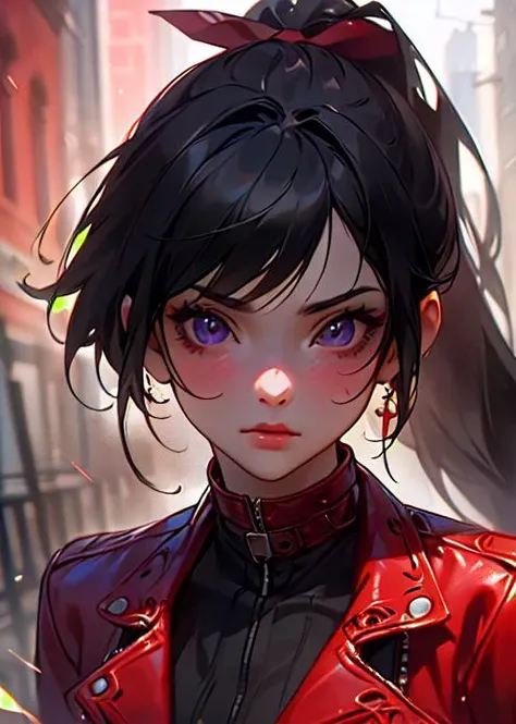 visual impact, Ultra-realistic 8k CG, masterpiece, ((ultra-detailed background, delicate pattern, intricate details)), best quality, very detailed face, extremely detailed eyes and face, extremely detailed eyes,1girl,long black hair, ponytail, red bow in hair, bright violet eyes, red leather biker jacket, <lora:smarteprueba1:1>