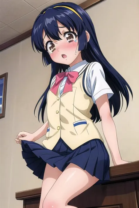 highest quality, masterpiece, High resolution, alone, (koganeikoyuzu :1.15), black_hair, length_hair, 前hair, green_eye, blush, smile, dull_前hair, 1 girl, Open_mouth, :d, shirt, upper_body, indoors, legs open, (panty shot), 10 years old, 細いbodyと平らな胸を持つ, legs open　skirt lift butt ,((NSFW)), spread your legs, leg raised, ,((show off pussy crotch grab))Completely naked