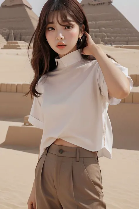<lora:chayoo_jin_obj20:0.6 >, full_body, standing, sandals, (shirt), pants, (egyptian pyramids), (chayoo_jin: 1.2), perfect face, (contact iris: 1.1), pale skin, skin pores , depth of field