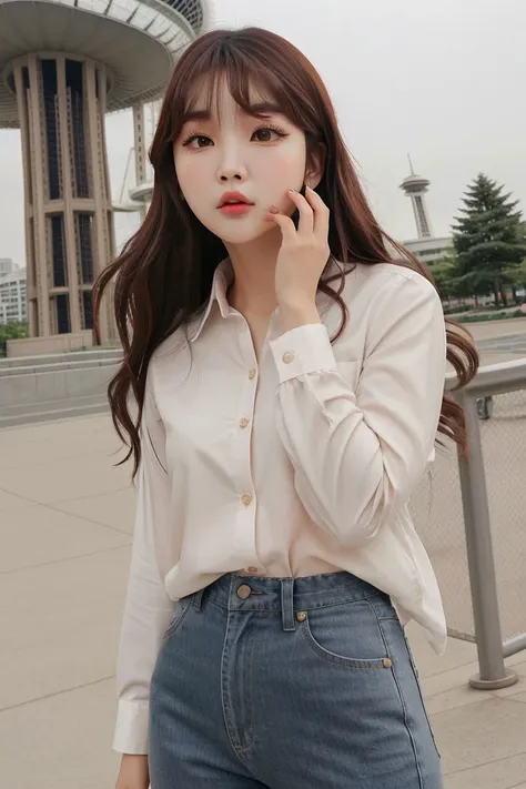 <lora:chayoo_jin_obj20:0.7>, full_body, standing, sandals, (shirt), pants, (seattle space needle), (chayoo_jin: 1.2), perfect face, (contact iris: 1.1), pale skin, skin pores , depth of field