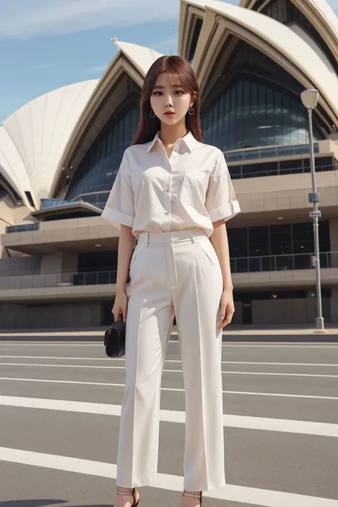 <lora:chayoo_jin_obj20:0.5 >, full_body, standing, sandals, (shirt), pants, (sydney opera house), (chayoo_jin: 1.2), perfect face, (contact iris: 1.1), pale skin, skin pores , depth of field