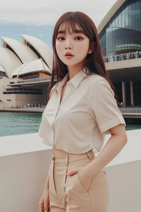 <lora:chayoo_jin_obj20:0.7>, full_body, standing, sandals, (shirt), pants, (sydney opera house), (chayoo_jin: 1.2), perfect face, (contact iris: 1.1), pale skin, skin pores , depth of field