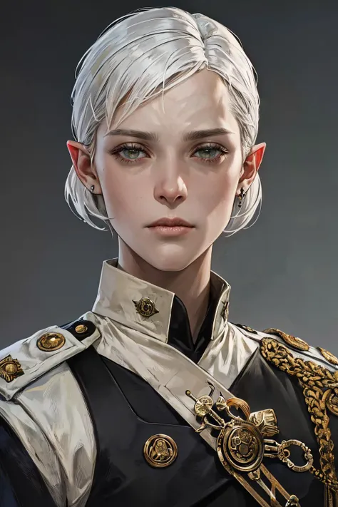 (best quality, masterpiece, RAW photo,ultra-detailed:1.2),((portrait)), close up, rpg portrait, pointy ears,extreme detail, 1girl, mature,pale skin, short white hair,white eyes,creepy, undead girl, jacket, military uniform,((military uniform)), best quality,, aestheticism, , oil painting,post-impressionist,well,indigo lighting,COOL, , cedric peyravernay,