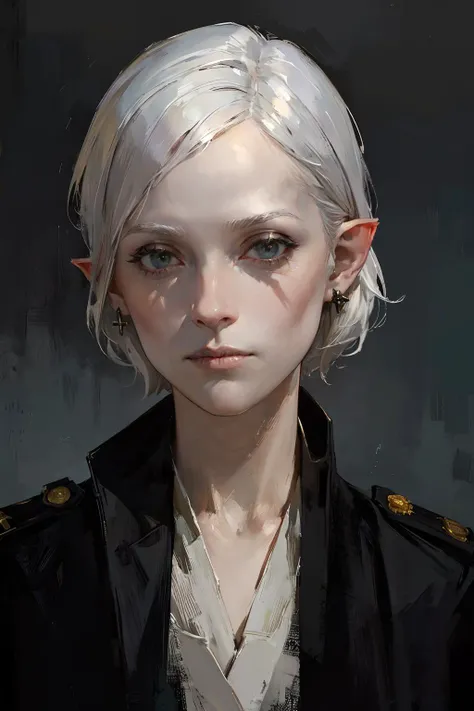 (best quality, masterpiece, RAW photo,ultra-detailed:1.2),((portrait)), close up, rpg portrait, pointy ears,extreme detail, 1girl, mature,pale skin, short white hair,white eyes,creepy, undead girl, jacket, military uniform,((military uniform)), best quality,, aestheticism, , oil painting,post-impressionist,well,indigo lighting,COOL, , cedric peyravernay,