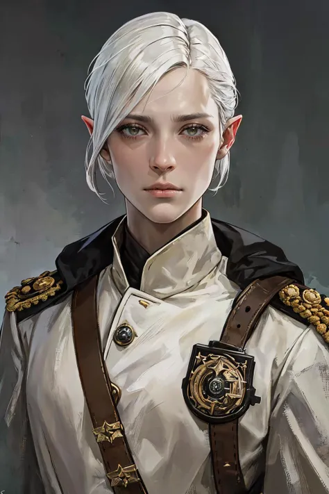 (best quality, masterpiece, RAW photo,ultra-detailed:1.2),((portrait)), close up, rpg portrait, pointy ears,extreme detail, 1girl, mature,pale skin, short white hair,white eyes,creepy, undead girl, jacket, military uniform,((military uniform)), best quality,, aestheticism, , oil painting,post-impressionist,well,indigo lighting,COOL, , cedric peyravernay,