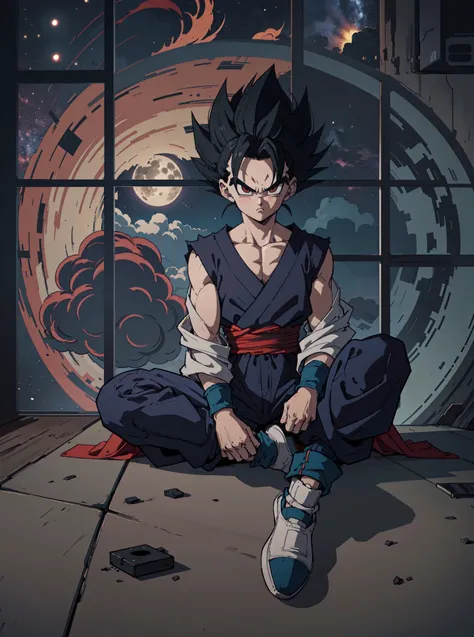 <lora:sonGohanDragonBall_v10:0.8>, son gohan,extremely detailed, sitting, menacing, (grainy:0.5), melancholy, window, space station, multicolored lights, black messy hair, dark, extremely detailed high quality clothing, full body clothing, 4k, 8k uhd, insane detail, sharp,