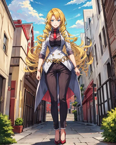 best quality, (masterpiece:1.2), illustration, absurdres,
(1girl, solo, beautiful detailed girl), full body,
<lora:IlyaPlatiere-08:1>, Ilya Platiere, long hair, blonde hair, drill hair, blue eyes, medium breasts,
white top, black undershirt, red necktie, grey pants, red high heels, golden chain, jewelry,
smile, looking at viewer,
city street, skyscrapers, day, from below, sky, clouds, office buildings