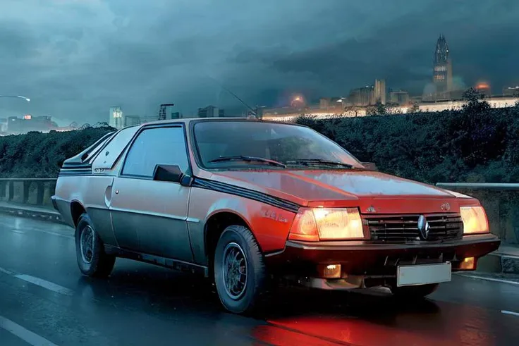 analog gloomy photo of a red Renault Fuego car, <lora:fu3g0:1>, (nighttime), (racing in the city (at night)), urban ruins in the background, apocalyptic race, fire in the back, High Detail, Sharp focus, ((photorealism)), flares, realistic, best quality, 8k, award winning, dramatic lighting, epic, cinematic, masterpiece, depth of field