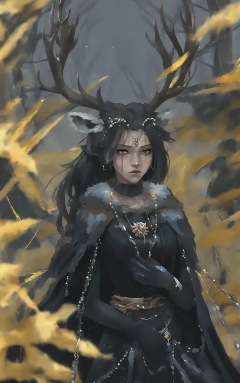 impasto, wlop, 1girl, jewelry, black dress, dress, long hair, black hair, necklace, braid, facial mark, gloves, antlers, earrings, cape, belt, deer, animal, looking at viewer, forehead mark, hair bun, black gloves, beads, yellow eyes, hair ornament, weapon, breasts, closed mouth, solo, fur trim, circlet, wolf, branch, brown hair, medium breasts, lips, cloak, petals