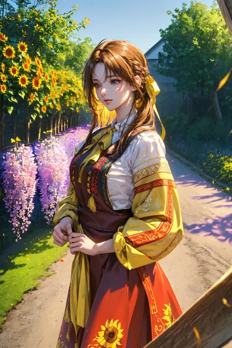 (masterpiece), woman, best quality,8K,4K,artist, (in the art workshop), pretty face, ((yellow ribbon in the hair)), distant view, long light brown hair, (adult), (traditional red-black embroidery shirt), cowboy shot, (adult), edgVyshivanka, <lora:edgVyshivanka:0.8>, tall woman, walking in the village among  ((lilac bushes)), rural setting, idyllic countryside, peaceful atmosphere, rustic charm, vibrant sunflowers, golden sunlight, traditional attire, leisurely stroll, nature, outdoor,  countryside beauty, clear, high resolution, better hands, correct hands,
3d, octane render, depth of field, concept art, vibrant colors, absurdres, pixiv, ultra high detail, realistic, beautiful lighting, cinematic lighting, trending on artstation,8k_wallpaper,  (large masterpiece digital art), (detailed manga illustration), (detailed line art), ((perfect)) anatomy, best hands, (intricate details:1), (ultra-detailed:1.3), (illustration:1.3), (sharp focus:1.3),  HDR, UHD, 8k, <lora:beautiful_detailed_eyes:0.5>, <lora:add_detail:0.4>, <lora:WLOPStyle_v:0.4>