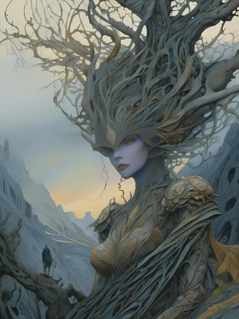 (masterpiece, best quality:1.4), (beautiful, perfect, delicate, detailed, intricate, aesthetic:1.2), (style of Ian Miller:1.4), (watercolor art:1.3), nightmarish woman creature, outstanding illustration, twisted and gnarled limbs, eyes glowing with malevolence, surrounded by a chaotic and eerie landscape, a haunting presence that sends shivers down your spine, perfect lighting, perfect shading, best quality, ultra high res, highly detailed, <lora:wlop_v1.2-000011:1>,impasto, wlop