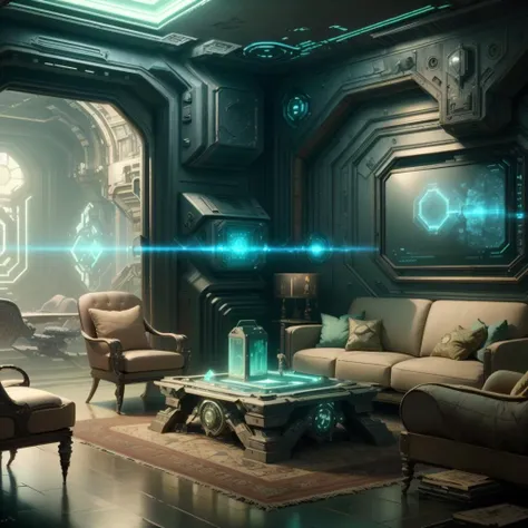 <lora:PrecursorTech-20:0.9>, precursortech , scifi, geometrical steel,  
living room,