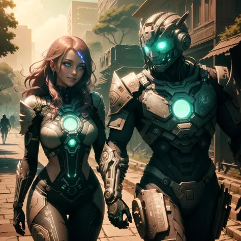 <lora:PrecursorTech-20:0.8>, precursortech , scifi, engravings  ,  intricate , 
light smile,
couple walking in the park, long hair , short hair ,glowing colored hair, glowing eyes,looking at another,