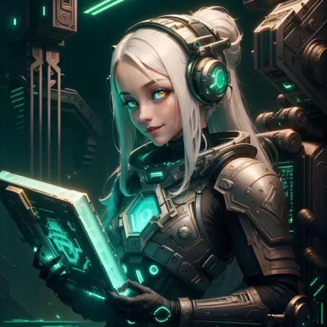 <lora:ExoBioTech-20:0.8>,exobiotech , scifi,bio ,
scholar , (scroll:1.2), 1girl,green hair, glowing eyes, smile ,closed mouth, bob cut,