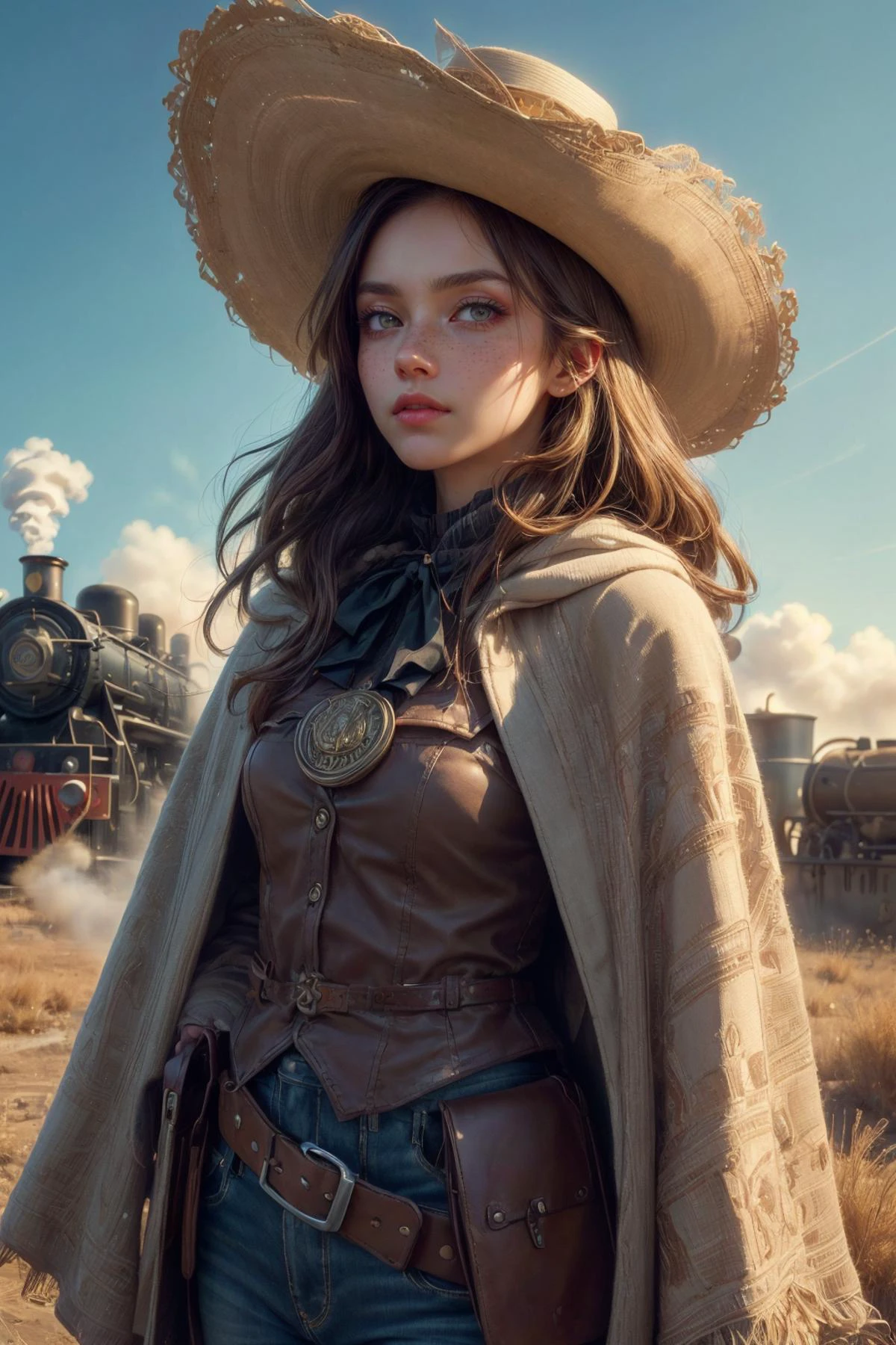 (masterpiece, best quality:1.4), (beautiful, aesthetic, perfect, delicate, intricate:1.2), <lora:more_details:0.75>, <lora:sharpen-soften:-0.25>, <lora:realistic:0.25>,
1 girl, adult spanish woman, freckles, ruby eyes, medium blonde blowout hair,
portrait, looking up, focus on character, solo, (full body:0.6), detailed face, (<lora:PrecursorTech:0.6>, geometrical steel, precursortech theme:1.1), bandit, wide brimmed hat, tilted hat, holster, belt, poncho, sheriff badge, dynamic pose, stoic expression, 18th century wild west, wild west era old railway station with steam engine in background, tumbleweed, high noon, epic atmosphere, dust,