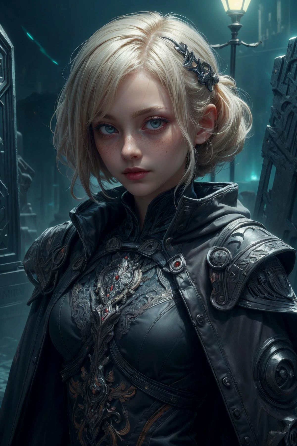 (masterpiece, best quality:1.4), (beautiful, aesthetic, perfect, delicate, intricate:1.2), <lora:more_details:0.75>, <lora:sharpen-soften:-0.25>, <lora:realistic:0.25>,
1 girl, adult british woman, freckles, purple eyes, platinum blonde fringe hair,
<lora:GoodHands-beta2:0.8>,
portrait, solo, half shot, looking at viewer, detailed background, detailed face, (<lora:PrecursorTech:0.6>, geometrical steel, scifi, precursortech theme:1.1),sorrowful, ethereal emissary of death, cloaked, dark tattered clothes, dynamic pose, rot, , reaper, dark shadows, tombstones in background, aura of inevitability, rats in background, , chilling wind, night, mysterious lighting, eerie dark mysterious atmosphere, whispers of the dead,