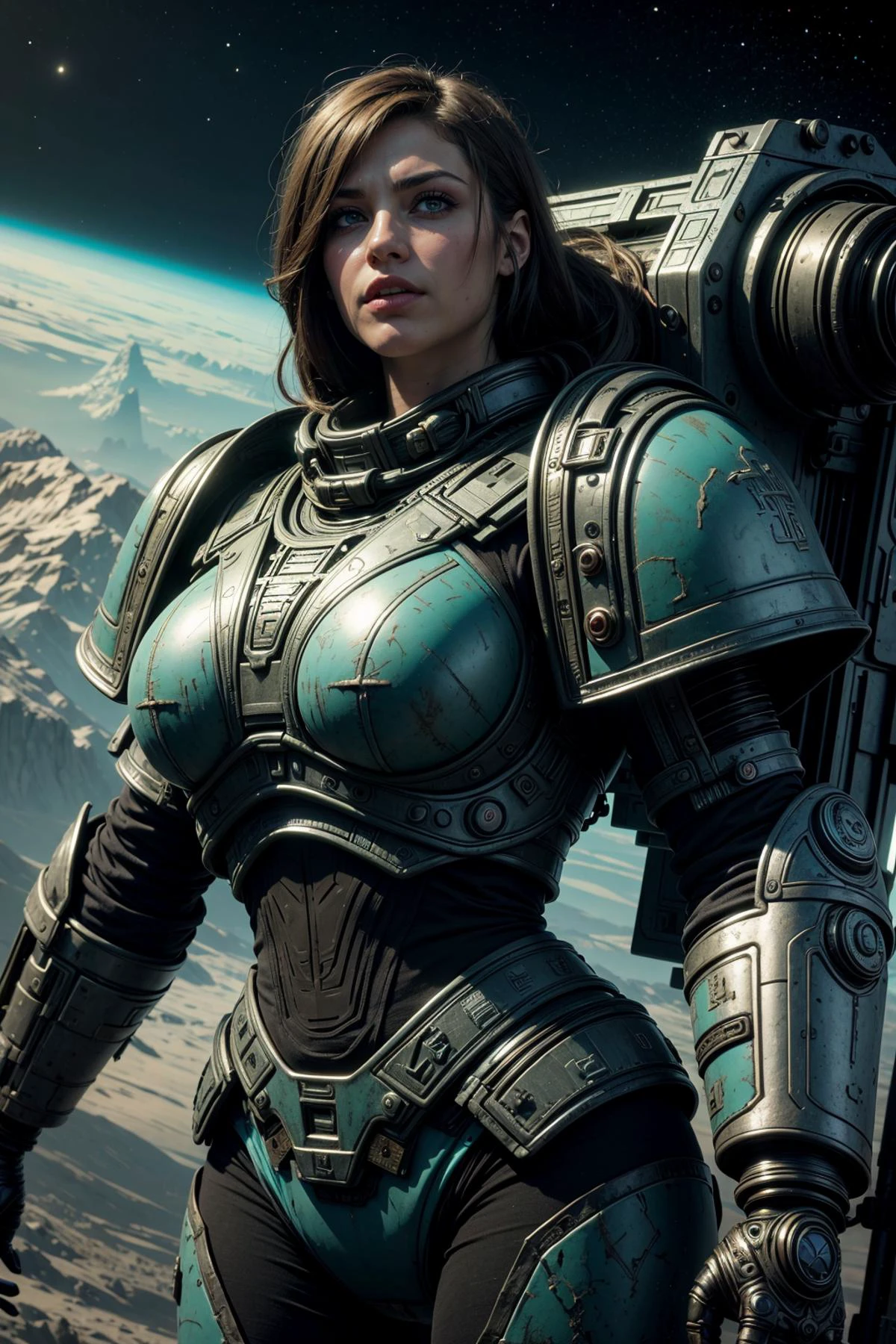 high quality, <lora:add_detail_v5:0.8>,
1 girl, adult woman, turquoise eyes, chestnut prom hairstyle,
portrait, solo, (full body:0.6), looking up, detailed background, detailed face, (<lora:PrecursorTech:0.6>, geometrical steel, scifi, precursortech theme:1.1), warhammer 40k space marine, face, wearing dark green thick power-armor, battle-worn equipment, chainsword weapon, energy shield, cloak, determined expression, heavy gunner, floating particles, exterminatus in background, epic atmosphere,