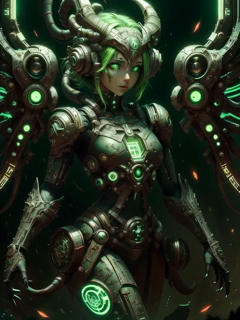 <lora:PrecursorTech-20:0.9>, precursortech , scifi, geometrical steel,
1girl, dress,green eyes, green hair, <lora:DemonicTech-20:0.8> demonictech,