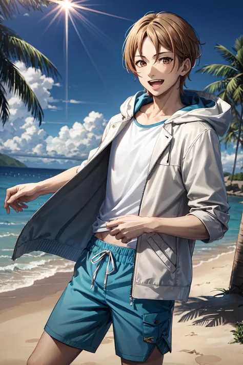 hayami hiro\(king of prism\), solo, 1boy, looking at viewer, male focus, brown eyes, short hair, brown hair, smile, open mouth, brown eyes, white jacket, outdoors, open clothes, blue sky, day, hood, open jacket, tree, blue sky, beach, swim trunks, god rays, lens flare, <lora:Hayami_Hiro_No_commercial_use_is_allowed_LoRA:0.5>
