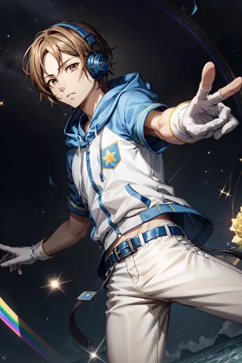 hayami hiro\(king of prism\), solo, 1boy, looking at viewer, male focus, brown eyes, short hair, brown hair, white pants, blue belt, blue hood, white gloves, fingerless gloves, white hoodie, star (symbol), zipper, headphones, (midriff:0.9), glint, sparkle, yellow rose, rainbow, <lora:Hayami_Hiro_No_commercial_use_is_allowed_LoRA:0.5>