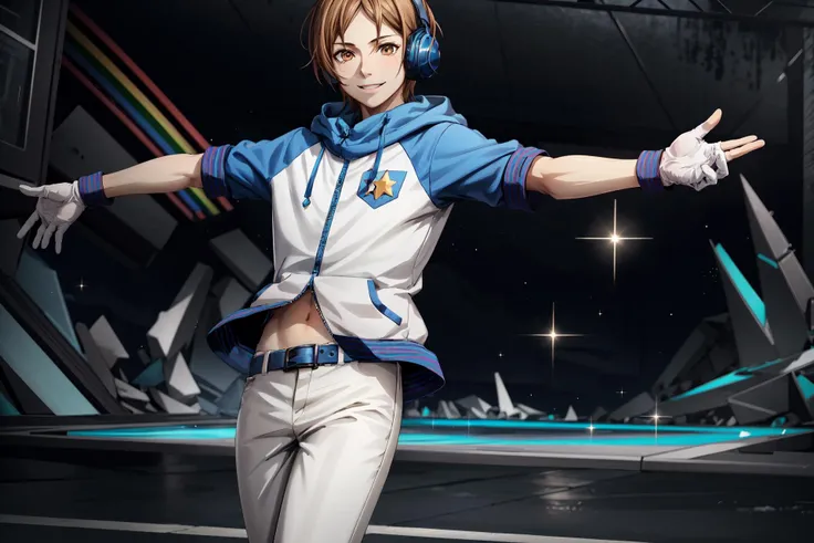 hayami hiro\(king of prism\), peace fingers, solo, 1boy, looking at viewer, male focus, brown eyes, smile, short hair, brown hair, white pants, blue belt, skates, blue boots, blue hood, white gloves, fingerless gloves, white hoodie, star (symbol), zipper, headphones, (midriff, navel:0.95), ice skates, rose, glint, sparkle, rainbow rose, multicolored rose, rainbow, rainbow background, multicolored background, lighting, colorful lighting, neon lighting, <lora:Hayami_Hiro_No_commercial_use_is_allowed_LoRA:0.7>