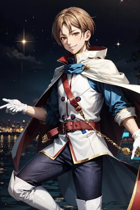 hayami hiro\(king of prism\), solo, 1boy, looking at viewer, male focus, brown eyes, short hair, brown hair, smile, blue belt, blue pants, long sleeves, gloves, white gloves, white clothes, red cape, thigh boots, white footwear, cross-laced footwear, glint, sparkle, <lora:Hayami_Hiro_No_commercial_use_is_allowed_LoRA:0.5>