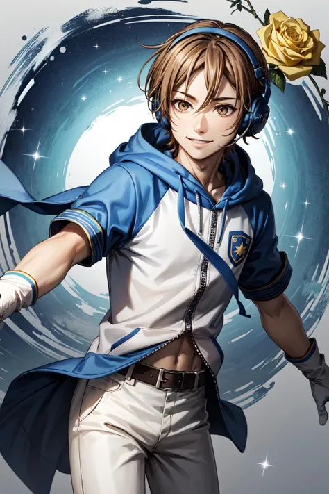 hayami hiro\(king of prism\), solo, 1boy, looking at viewer, male focus, brown eyes, short hair, brown hair, smile, smile, rainbow, white pants, blue belt, blue hood, white gloves, white fingerless gloves, white hoodie, star (symbol), zipper, (midriff, navel:0.8), headphones, glint, sparkle, yellow rose, rainbow background, multicolored background <lora:Hayami_Hiro_No_commercial_use_is_allowed_LoRA:0.5>