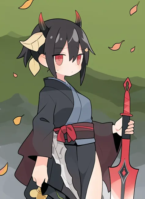 Masterpiece, best work, high quality, black hair, (japenese armor), kimono, (wielding sword), huge sword, pony tail, oni horns, large jacket, robes, kimono, red eyes, serious, forest wind blowing, in motion, leaves, leaves falling, afternoon, action, petite, muscular, small breasts