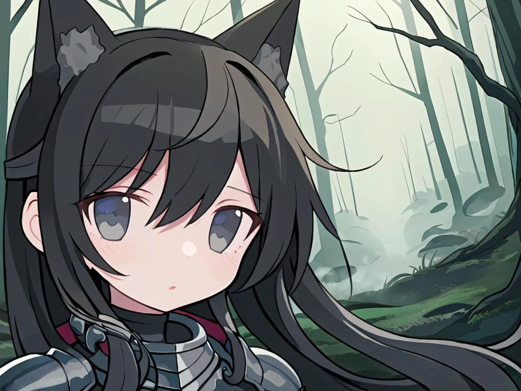 Gorgeous female photo, Masterpiece, best quality, best work, promotional art, beautiful face, dark forest, armor, rpg, foggy forest, horror