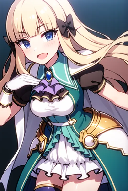 ((masterpiece, best quality)),very detailed, simple eyes,outdoors,(large breasts),<lora:saren:0.9>,((1girl)), saren_\(princess_connect!\),bangs, black_bow, blonde_hair, blue_eyes, blush, bow, breasts, cape, cloak, dress, elf, gloves, hair_bow, hair_ornament,long_hair, looking_at_viewer, open_mouth, pointy_ears, smile, thighhighs,white skirt