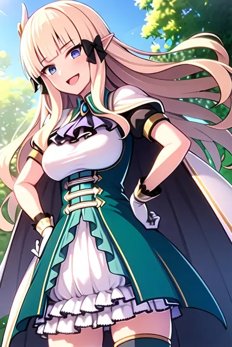 ((masterpiece, best quality)),very detailed, simple eyes,(outdoors,hands on hip),(large breasts),<lora:saren:0.8>,((1girl)), saren_\(princess_connect!\),bangs, black_bow, blonde_hair, blue_eyes, blush, bow, breasts, cape, cloak, dress, elf, gloves, hair_bow, hair_ornament,long_hair, looking_at_viewer, open_mouth, pointy_ears, smile, thighhighs,white skirt