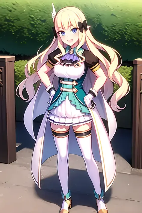 ((masterpiece, best quality)),very detailed, simple eyes,(outdoors,hands on hip),full body,(large breasts),<lora:saren:0.8>,((1girl)), saren_\(princess_connect!\),bangs, black_bow, blonde_hair, blue_eyes, blush, bow, breasts, cape, cloak, dress, elf, gloves, hair_bow, hair_ornament,long_hair, looking_at_viewer, open_mouth, pointy_ears, smile, thighhighs,white skirt