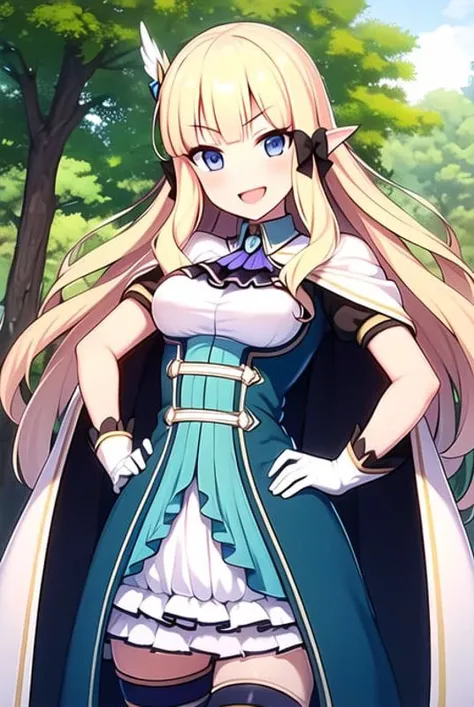 ((masterpiece, best quality)),very detailed, simple eyes,(outdoors,hands on hip),(large breasts),<lora:saren:0.8>,((1girl)), saren_\(princess_connect!\),bangs, black_bow, blonde_hair, blue_eyes, blush, bow, breasts, cape, cloak, dress, elf, gloves, hair_bow, hair_ornament,long_hair, looking_at_viewer, open_mouth, pointy_ears, smile, thighhighs,white skirt
