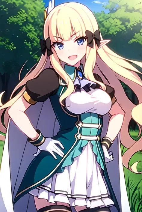 ((masterpiece, best quality)),very detailed, simple eyes,(outdoors,hands on hip),(large breasts),<lora:saren:0.85>,((1girl)), saren_\(princess_connect!\),bangs, black_bow, blonde_hair, blue_eyes, blush, bow, breasts, cape, cloak, dress, elf, gloves, hair_bow, hair_ornament,long_hair, looking_at_viewer, open_mouth, pointy_ears, smile, thighhighs,white skirt