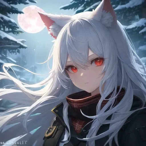 white hair, red eyes, cat ears, 1girl, winter, snowstorm, cloudy, moonlight, forest, looks powerful, sense of oppression, best qulity,