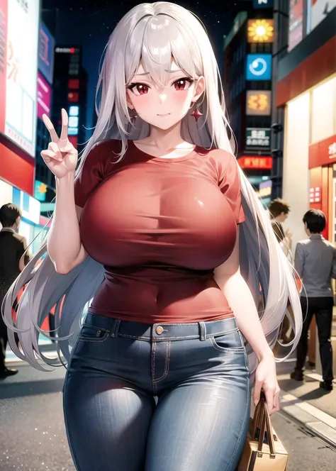 masterpiece, best quality, official art, extremely detailed CG unity 8k wallpaper, detailed background, (hand by Guido Daniele), (detail fingers), 1 mature silver hair female, (curvy), standing, (victory gesture:1.14), (Carrying a bag:1.12), (red T-shirt:1.13), (short sleeves), (jeans:1.12), (silver long hair:1.13), (hair spread out:1.12), (hair between eyes:1.12), (red eyes, slit pupils:1.2), (shy, embarrassed:1.11), blush, (huge breasts), (sagging breasts), narrow waist, shiny skin, (earrings), outdoors, (night:1.11), (street), shibuya \(tokyo\), (public), (crowd:1.11), starry sky,