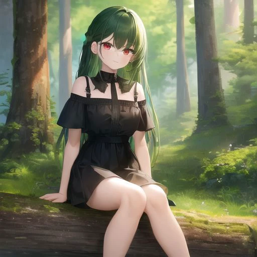 dark green hair:1.7, red eyes, 1girl, forest, black short dress, happy, best quality, highres, sit,