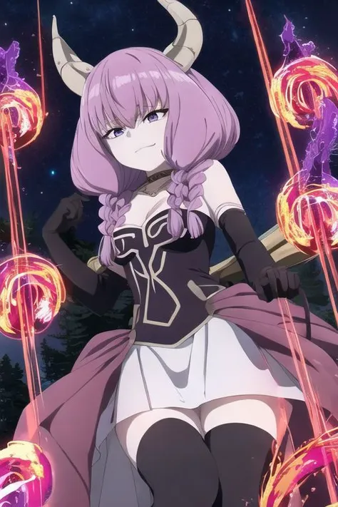 night sky, forest, smug, aura the guillotine, long hair, (purple eyes:1.1), purple hair, braid, horns, twin braids, skirt, thighhighs, gloves, choker, black gloves, elbow gloves