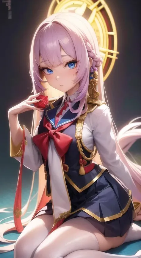 japan school uniform, skirt, hiqcgbody, hiqcgface, 1girl, full body, standing, detailed skin texture, white kneesocks, a lot of jewelery, detailed cloth texture, beautiful detailed face, masterpiece, best quality, ultra detailed, 8k, intricate details, masterpiece, best quality, hyperrealistic, beautiful detailed eyes, perfect face, beautiful detailed face, ultra detailed, soft skin, long decorated hair, multicolored hair, blue eyes, <lora:style_hipoly3DModelLora_v10:0.3>