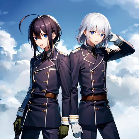 masterpiece,  best quality, <lora: NamazuoToushirouHonebamiToushirou-000008:0.7>,2boys, male focus, (namazuo toushirou), (honebami toushirou),  military uniform, uniform, pants, potraight, half body, semi realistic, sunny, bright colors,  gloves ,ahoge, duo,