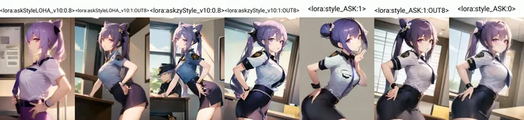 1girl, standing, looking at viewer, hands on hips, from side
<lora:keqingGenshinImpact3in1_v10:0.4:MIDD>keqing (genshin impact), hair bun, purple hair, twintails, purple eyes, diamond-shaped pupils, hair ornament, cone hair bun, long hair, double bun, bangs, bow, hair flower, hair bow, hair ribbon
policewoman, (police uniform, short sleeve, very short skirt, tight_skirt, office skirt, holding handcuffs:1.2)
<lora:askStyleLOHA_v10:0.8>
