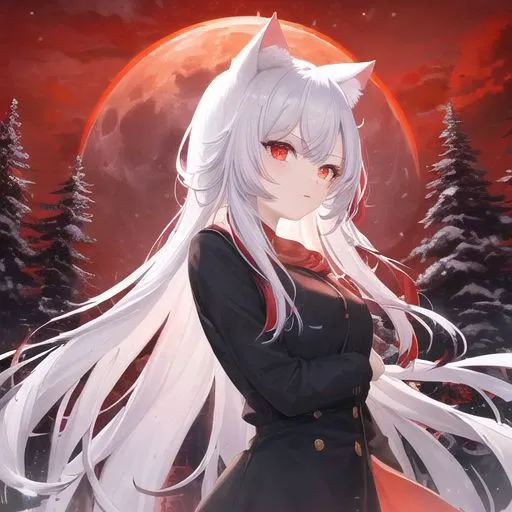 white hair, red eyes, cat ears, 1girl, winter, snowstorm, cloudy, red moon, red sky, moonlight, forest, looks powerful, sense of oppression, best qulity,