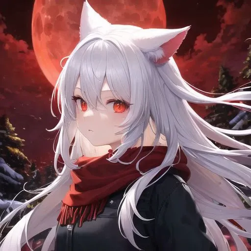 white hair, red eyes, cat ears, 1girl, winter, snowstorm, cloudy, red moon, red sky, moonlight, forest, looks powerful, sense of oppression, best qulity,