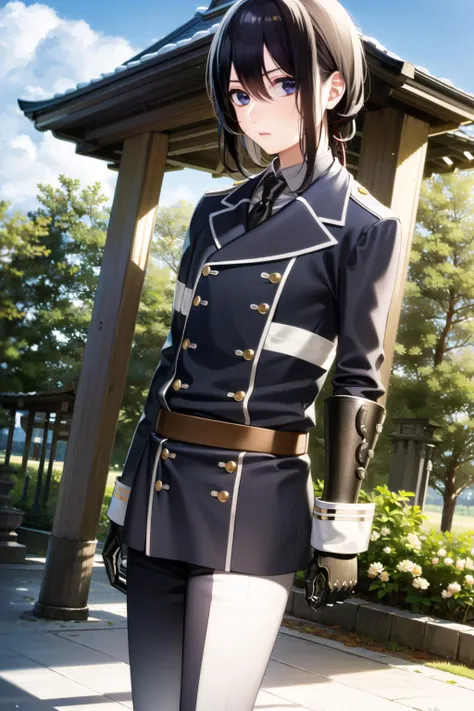 masterpiece, best quality, 1boy, male focus, (namazuo toushirou), military uniform, uniform, pants, potraight, half body, semi realistic, sunny, bright colors, armor, shoulder armor , gloves ,shrine, <lora: NamazuoToushirouHonebamiToushirou-000008:0.8>