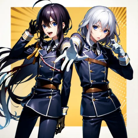 masterpiece, best quality, <lora: NamazuoToushirouHonebamiToushirou-000008:0.7>,2boys, male focus, (namazuo toushirou), (honebami toushirou), military uniform, uniform, pants, potraight, half body, semi realistic, sunny, bright colors, gloves ,ahoge, duo,