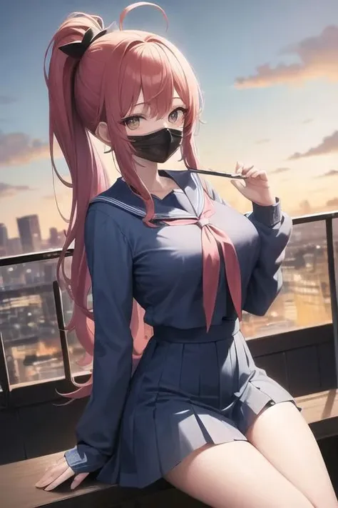 masterpiece, best quality, <lora:smgsukeban-nvwls-v1-000009:0.9> smgsukeban, ponytail, halo, mouth mask, blue serafuku, blue shirt, long sleeves, white neckkerchief, midriff, blue skirt, large breasts, looking at viewer, sky, sitting, from side, cityscape
