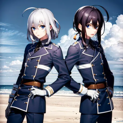 masterpiece, best quality, <lora: NamazuoToushirouHonebamiToushirou-000008:0.7>,2boys, male focus, (namazuo toushirou), (honebami toushirou), military uniform, uniform, pants, potraight, half body, semi realistic, sunny, bright colors, gloves ,ahoge, duo,